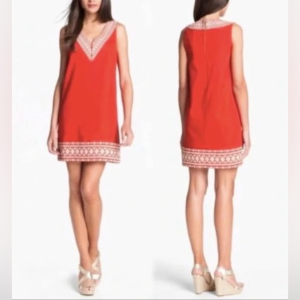 kate spade Aztek V-Neck Linen Cotton Blend Shift Dress Red Size 12
